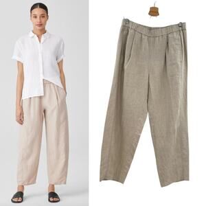 Eileen Fisher Pleated Organic Linen Lantern Ankle Pants Khaki Tan Size Small